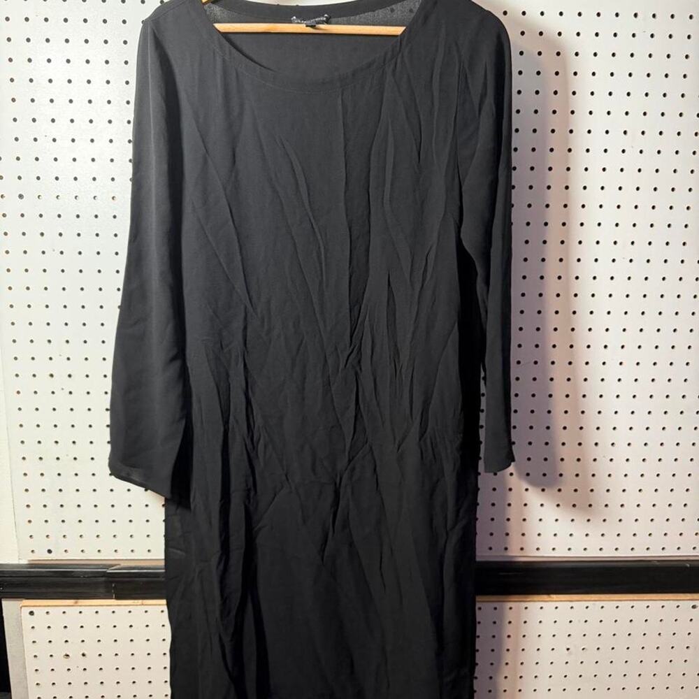 Eileen Fisher 100% silk black dress with 3/4 sleeves, side slits women’s size M